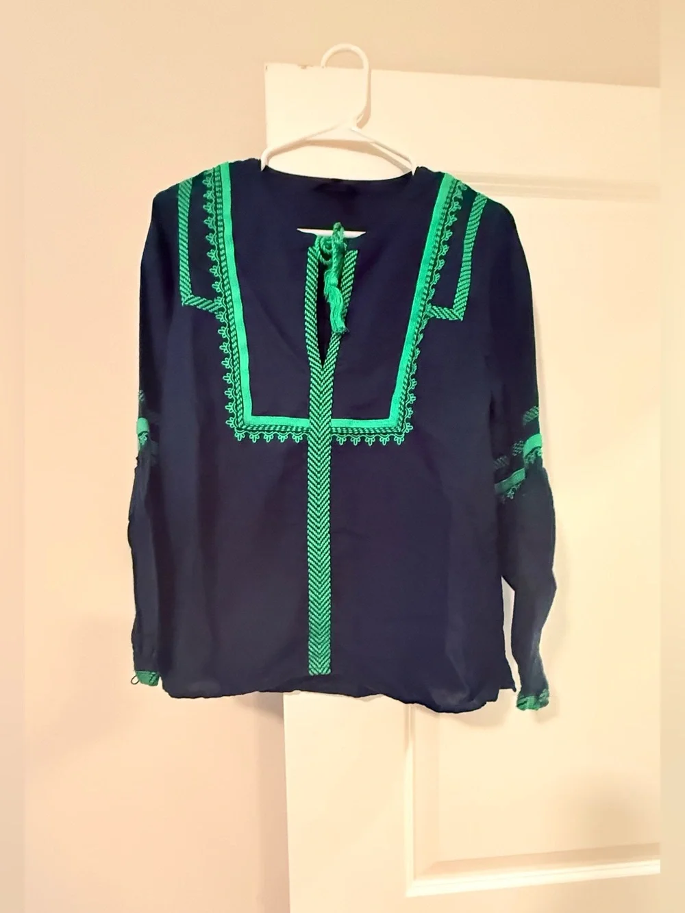 J.CREW Navy Blue Green Embroidered Linen Blend Tassel Tie Peasant Blouse 10❤️